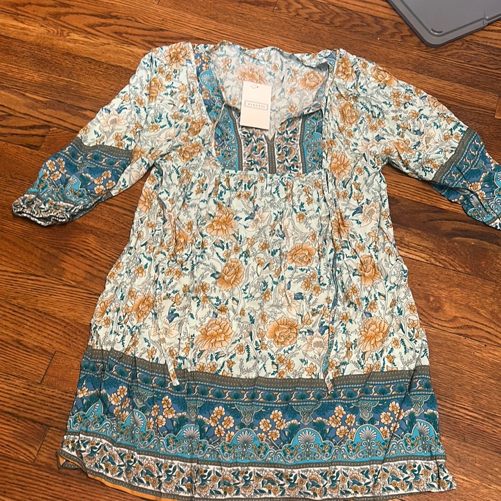 Blue and Orange Midi Sundress with Square Neck and Bishop Sleeves